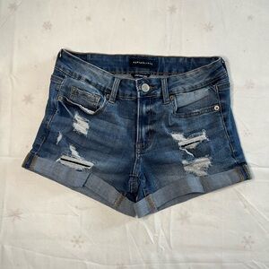 Aeropostale Low Rise MIDI Distressed Jean Shorts, Cuffed, Stretch, Size 4